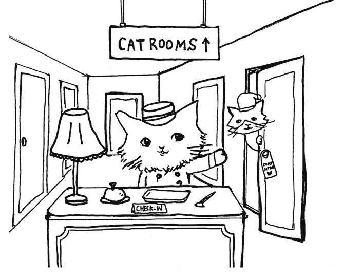 ホテル・ヒャクパーセントネコの受付イラスト