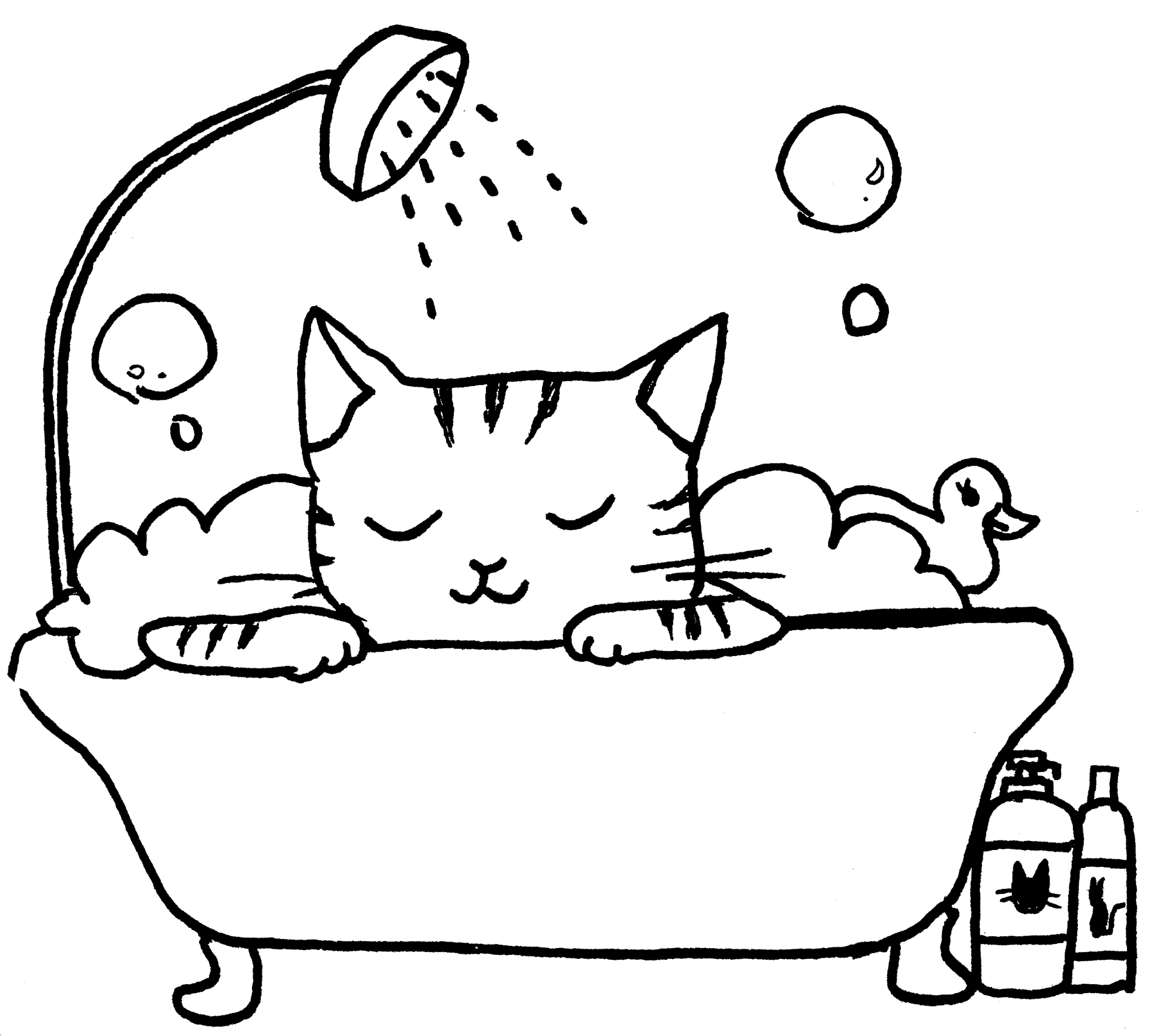 湯船に入る猫の線画イラスト
